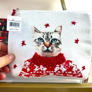 Embroidered Cat in Sweater zipper pouch